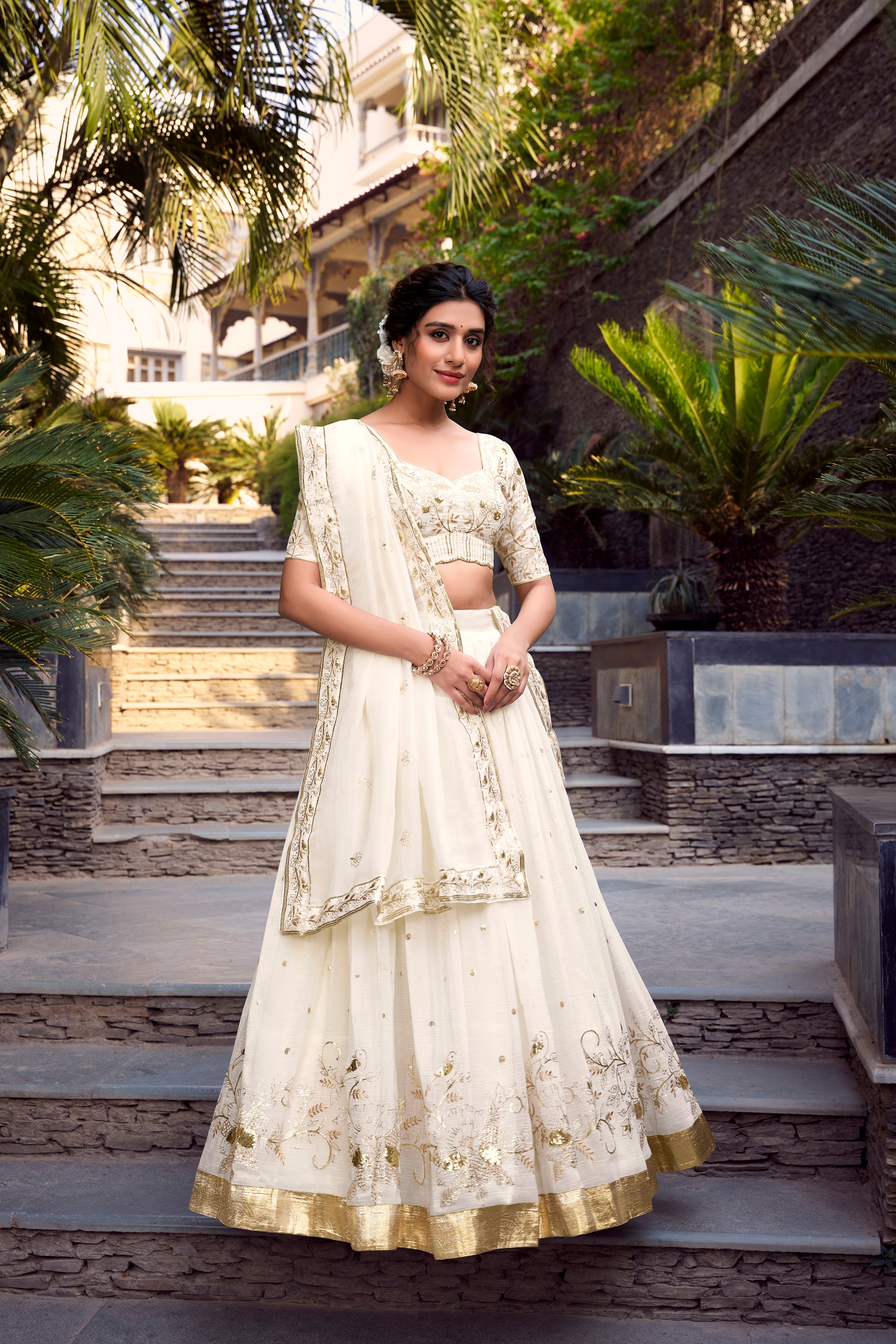 Lorenvalley Offwhite Silver Glosy Fabric Sequins and Embroidery with Foil Work Lehenga Choli with Dupatta