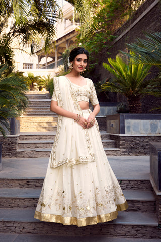 Lorenvalley Offwhite Silver Glosy Fabric Sequins and Embroidery with Foil Work Lehenga Choli with Dupatta