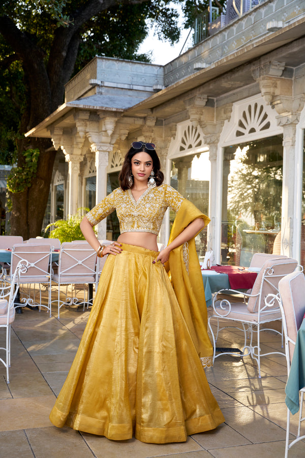 Lorenvalley Mustard Goldie Plain Lehenga with Sequins Thread Embroidery Work Choli - Distacart