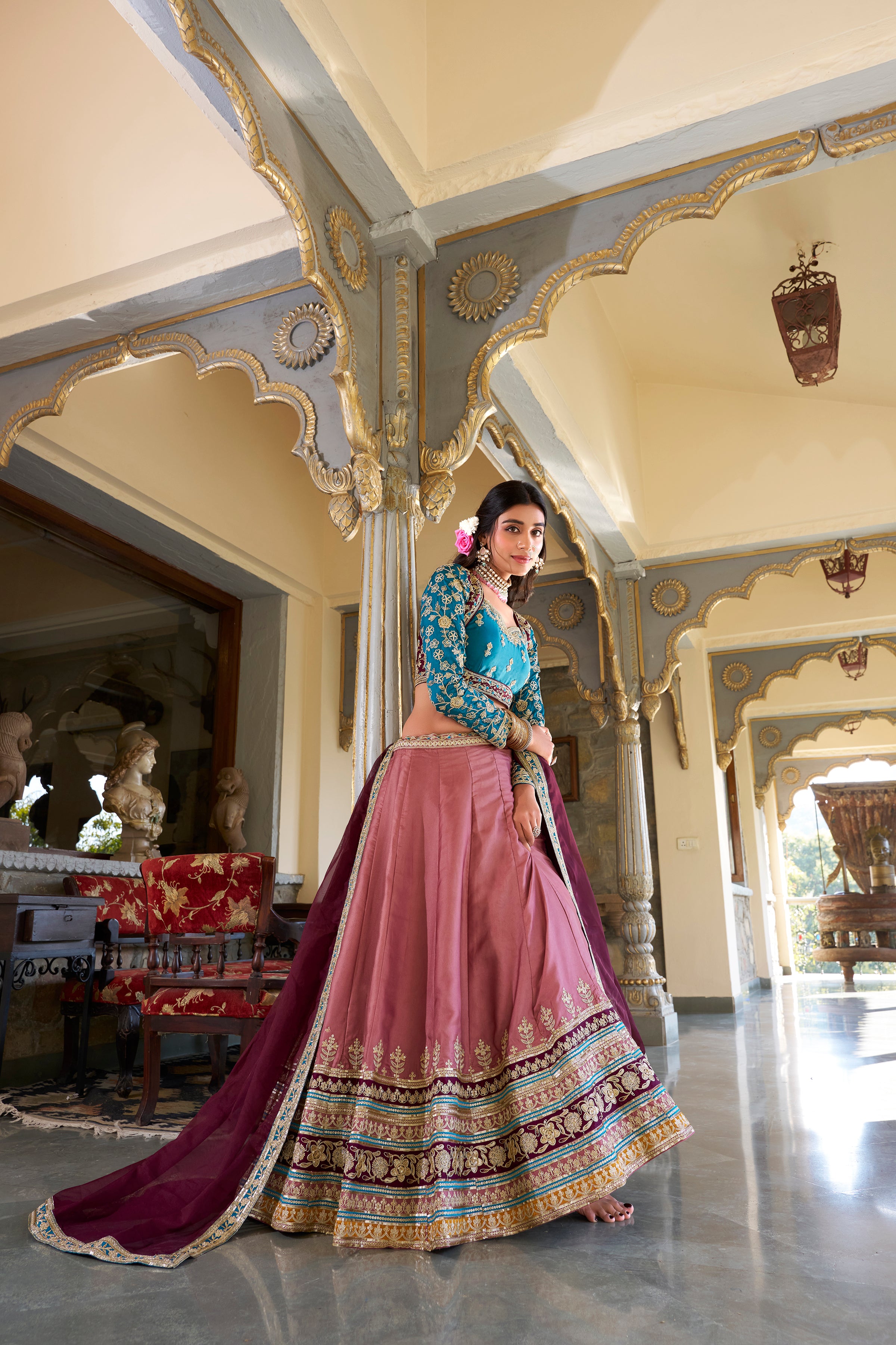 Lorenvalley Peach Moonga Silk Sequins and Thread Embroidery Work Lehenga Choli - Distacart