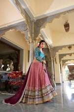 Thumbnail for Lorenvalley Peach Moonga Silk Sequins and Thread Embroidery Work Lehenga Choli - Distacart