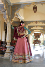 Thumbnail for Lorenvalley Peach Moonga Silk Sequins and Thread Embroidery Work Lehenga Choli - Distacart