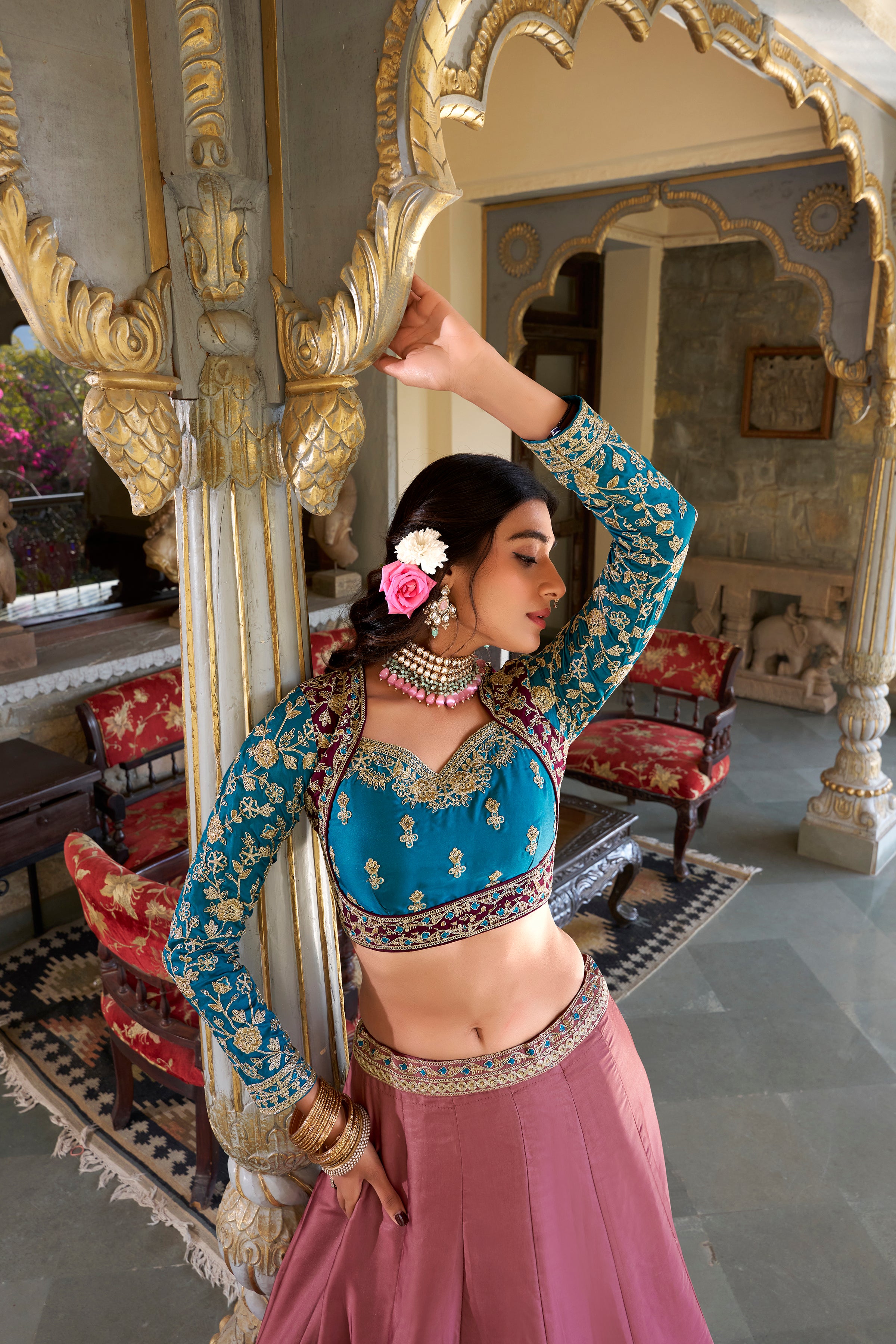 Lorenvalley Peach Moonga Silk Sequins and Thread Embroidery Work Lehenga Choli - Distacart