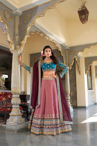Lorenvalley Peach Moonga Silk Sequins and Thread Embroidery Work Lehenga Choli - Distacart