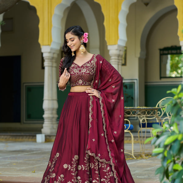 Lorenvalley Fashion Maroon Rangoli Silk Sequins and Thread Embroidery Work Lehenga Choli with Dupatta - Dista