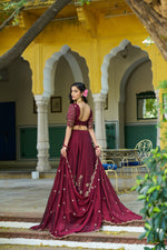 Thumbnail for Lorenvalley Fashion Maroon Rangoli Silk Sequins and Thread Embroidery Work Lehenga Choli with Dupatta - Dista