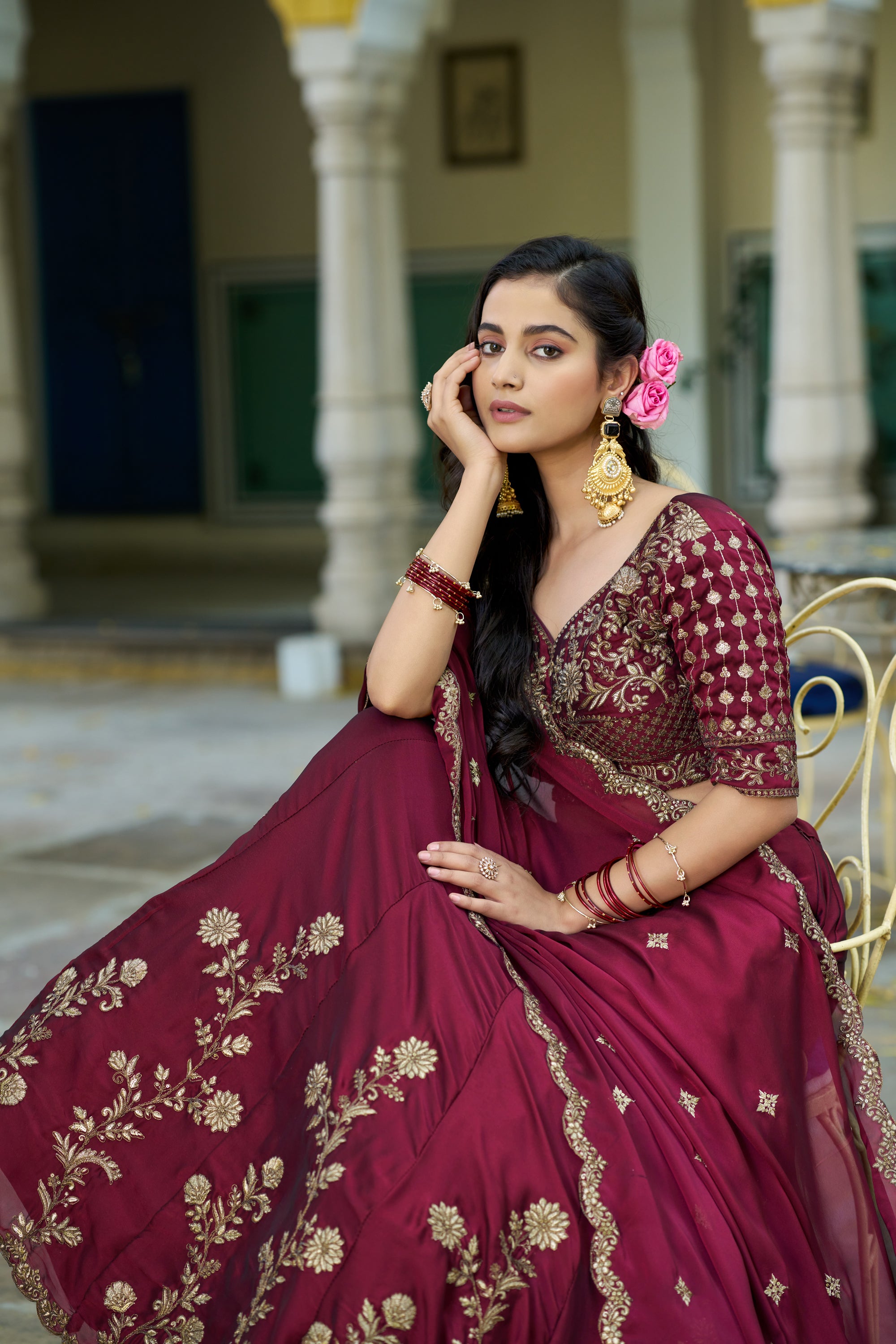 Lorenvalley Fashion Maroon Rangoli Silk Sequins and Thread Embroidery Work Lehenga Choli with Dupatta - Dista