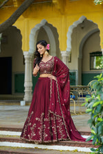 Thumbnail for Lorenvalley Fashion Maroon Rangoli Silk Sequins and Thread Embroidery Work Lehenga Choli with Dupatta - Dista