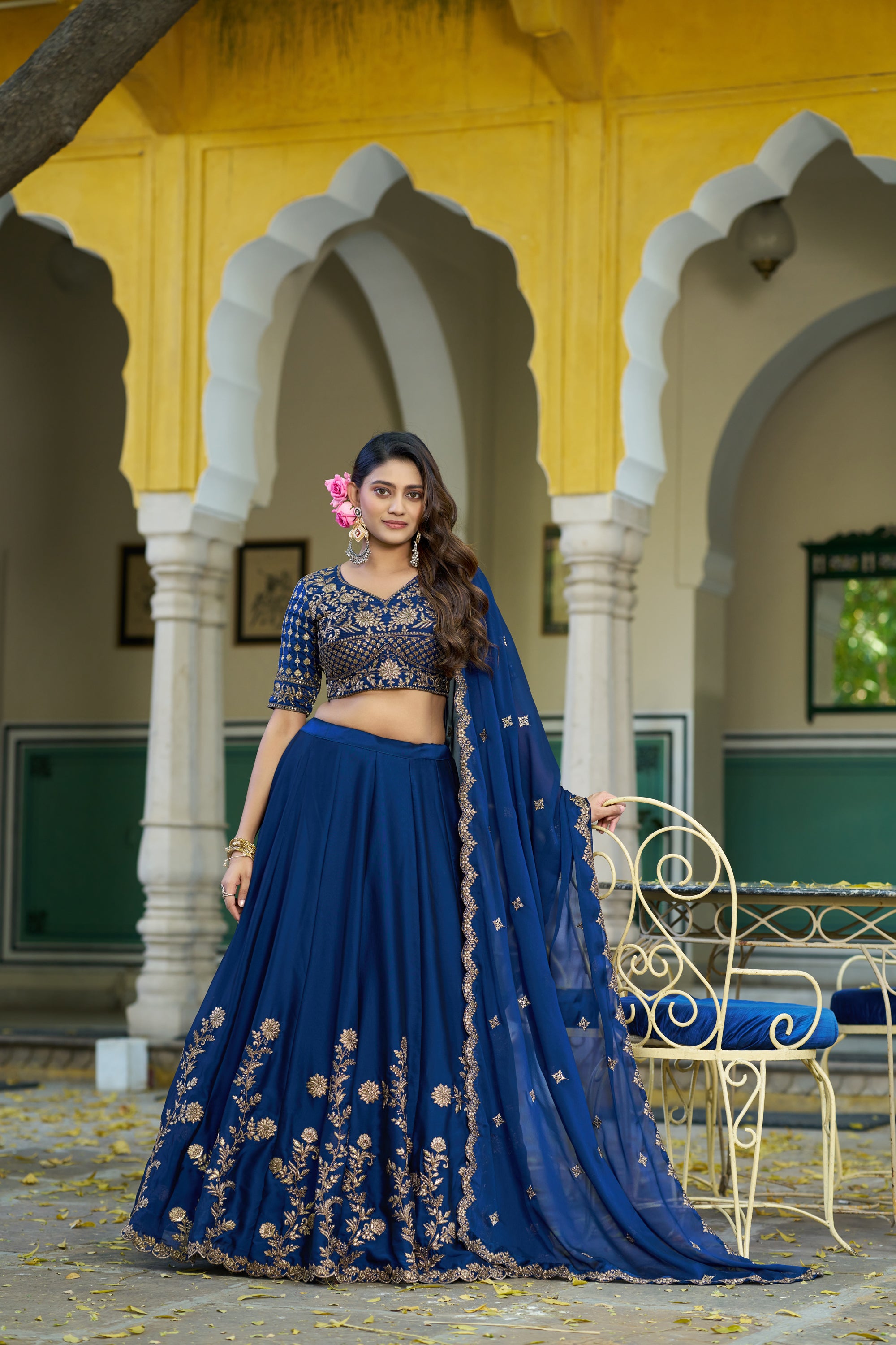 Lorenvalley Fashion Navyblue Rangoli Silk Sequins and Thread Embroidery Work Lehenga Choli with Dupatta - Dista