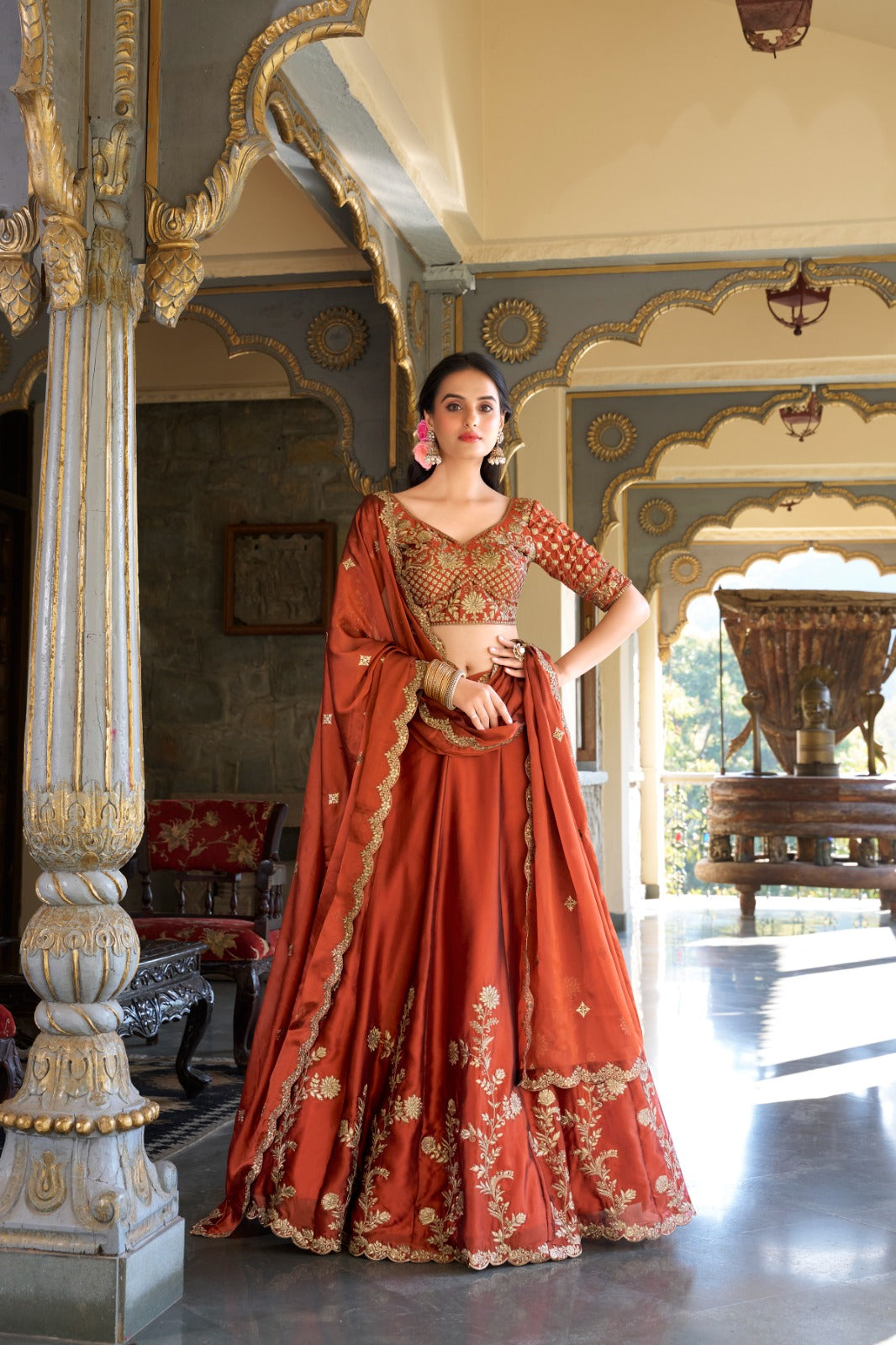 Lorenvalley Orange Rangoli Silk Lehenga choli - Distacart