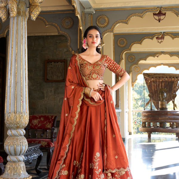 Lorenvalley Orange Rangoli Silk Lehenga choli - Distacart