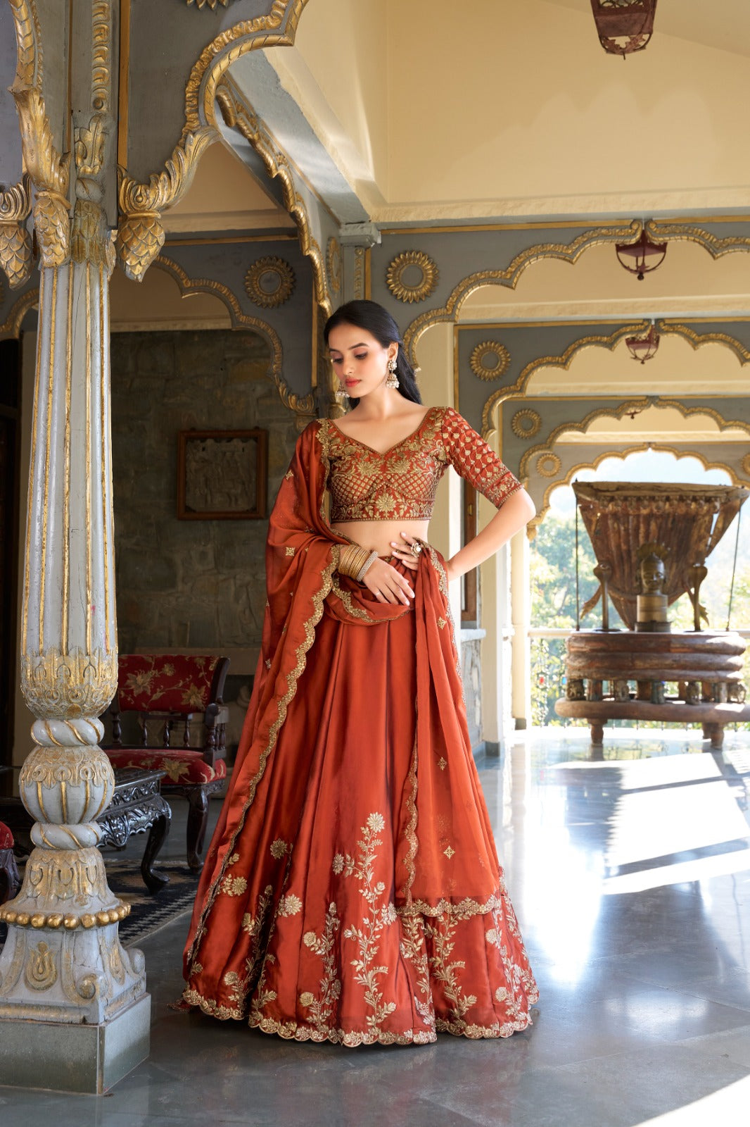 Lorenvalley Orange Rangoli Silk Lehenga choli - Distacart