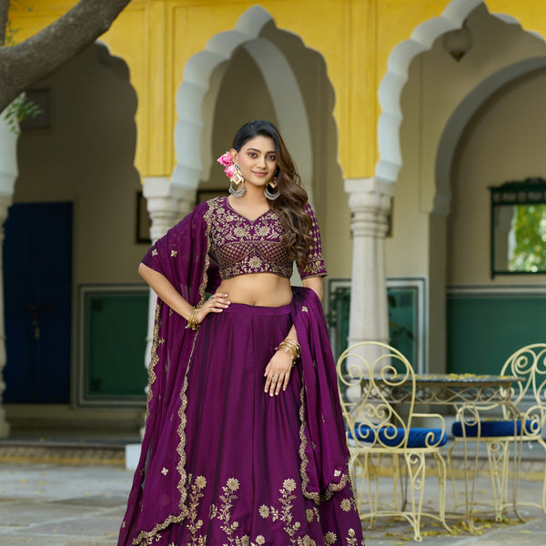 Lorenvalley Fashion Wine Rangoli Silk Sequins and Thread Embroidery Work Lehenga Choli with Dupatta - Dista