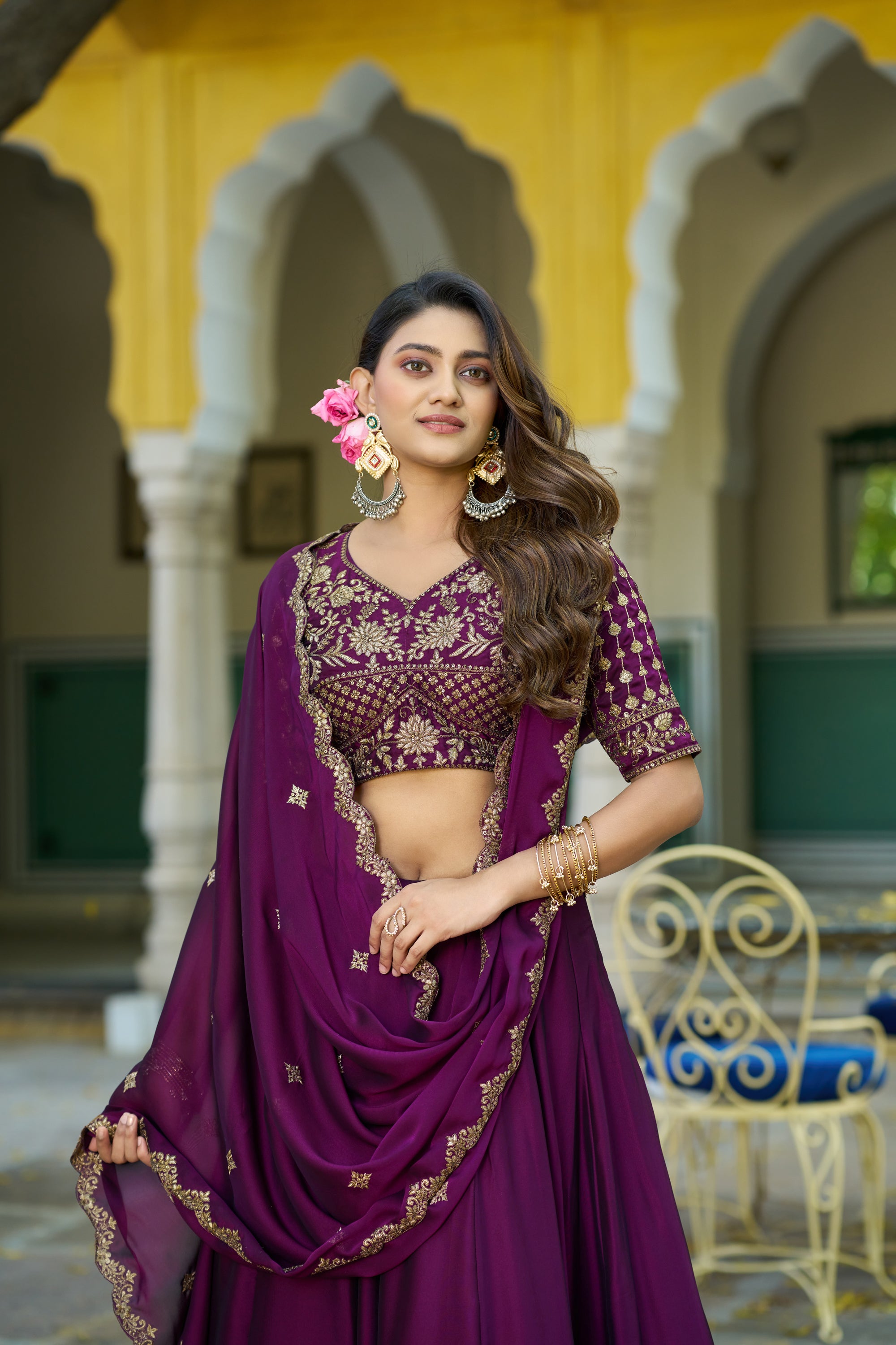 Lorenvalley Fashion Wine Rangoli Silk Sequins and Thread Embroidery Work Lehenga Choli with Dupatta - Dista