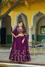 Thumbnail for Lorenvalley Fashion Wine Rangoli Silk Sequins and Thread Embroidery Work Lehenga Choli with Dupatta - Dista