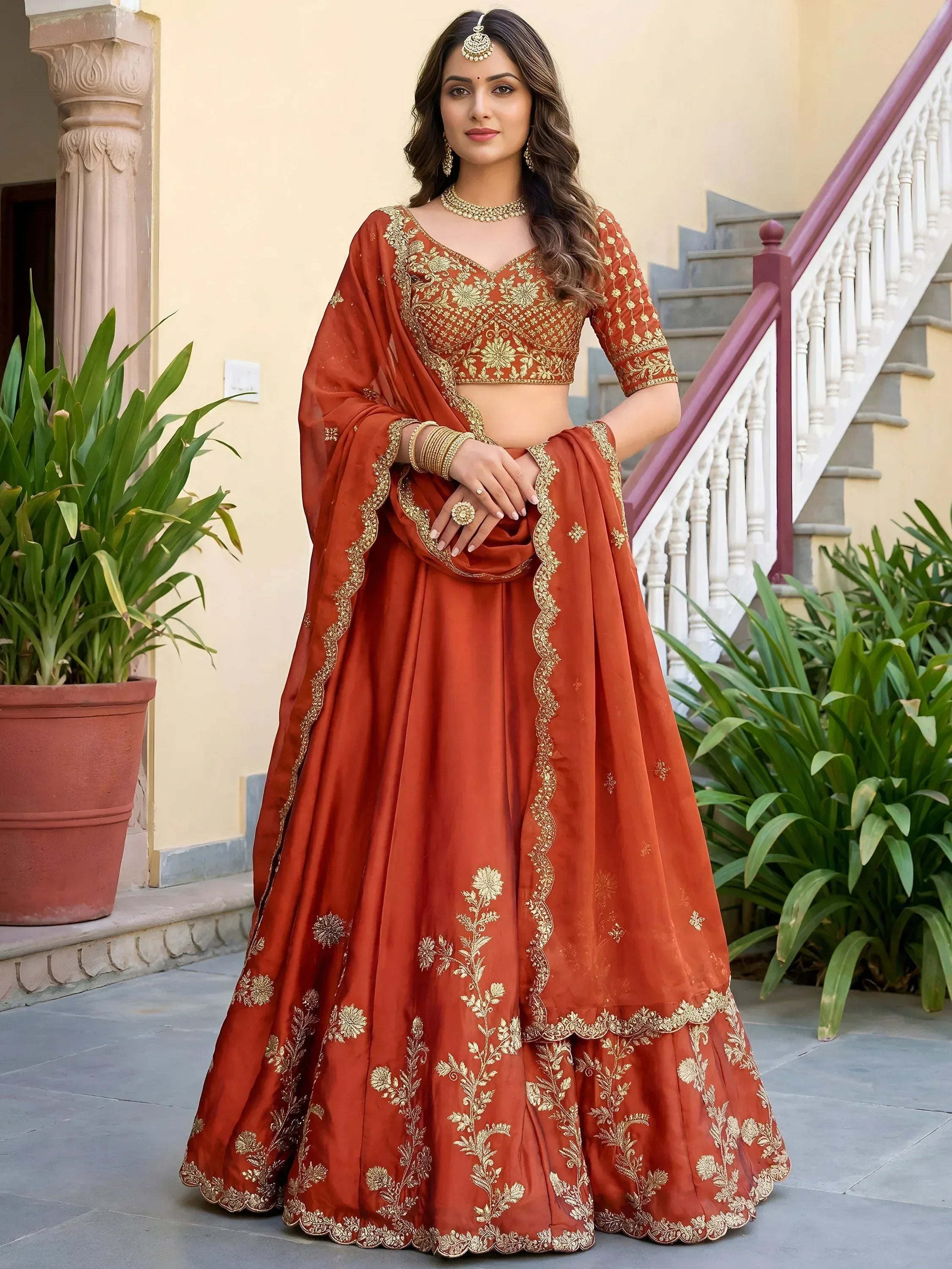 Tulsi Art Captivating Orange Thread Embroidered Silk Wedding Wear Lehenga Choli - Dista