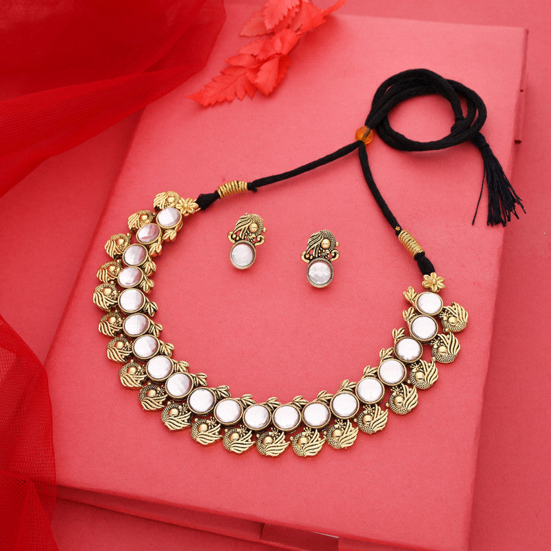 Tehzeeb Creations White Colour Gold-Polished Stone Jewellery Choker Necklace Set With Matching Pair of Stud Earrings - Distacart