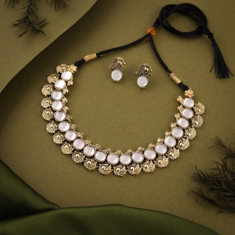 Tehzeeb Creations White Colour Gold-Polished Stone Jewellery Choker Necklace Set With Matching Pair of Stud Earrings - Distacart