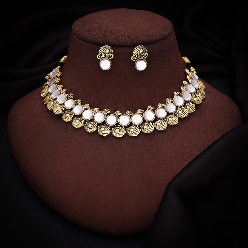 Tehzeeb Creations White Colour Gold-Polished Stone Jewellery Choker Necklace Set With Matching Pair of Stud Earrings - Distacart