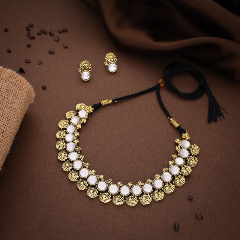 Tehzeeb Creations White Colour Gold-Polished Stone Jewellery Choker Necklace Set With Matching Pair of Stud Earrings - Distacart