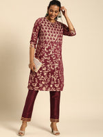 Thumbnail for All About You Women Purple & Gold-Toned Ethnic Motifs Printed Regular Kurta with Trousers - Distacart