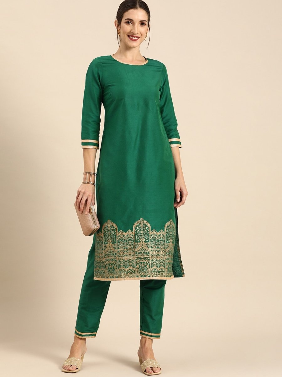All About You Women Green & Gold Printed Regular Kurta with Trousers - Distacart