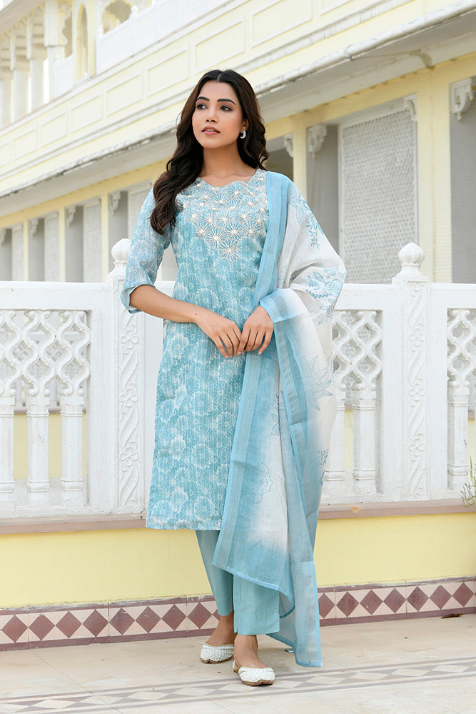 Vaasva Women Blue Tissue Linen Embroidered Solid Kurta Set With Solid Pants & Printed Dupatta - Distacart