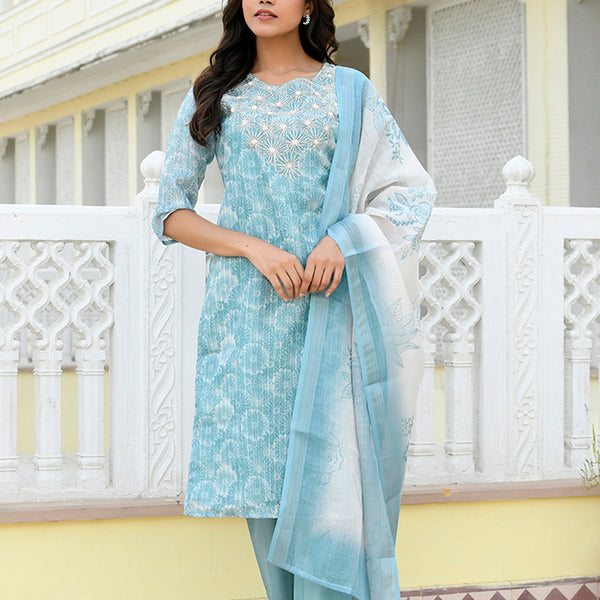 Vaasva Women Blue Tissue Linen Embroidered Solid Kurta Set With Solid Pants & Printed Dupatta - Distacart