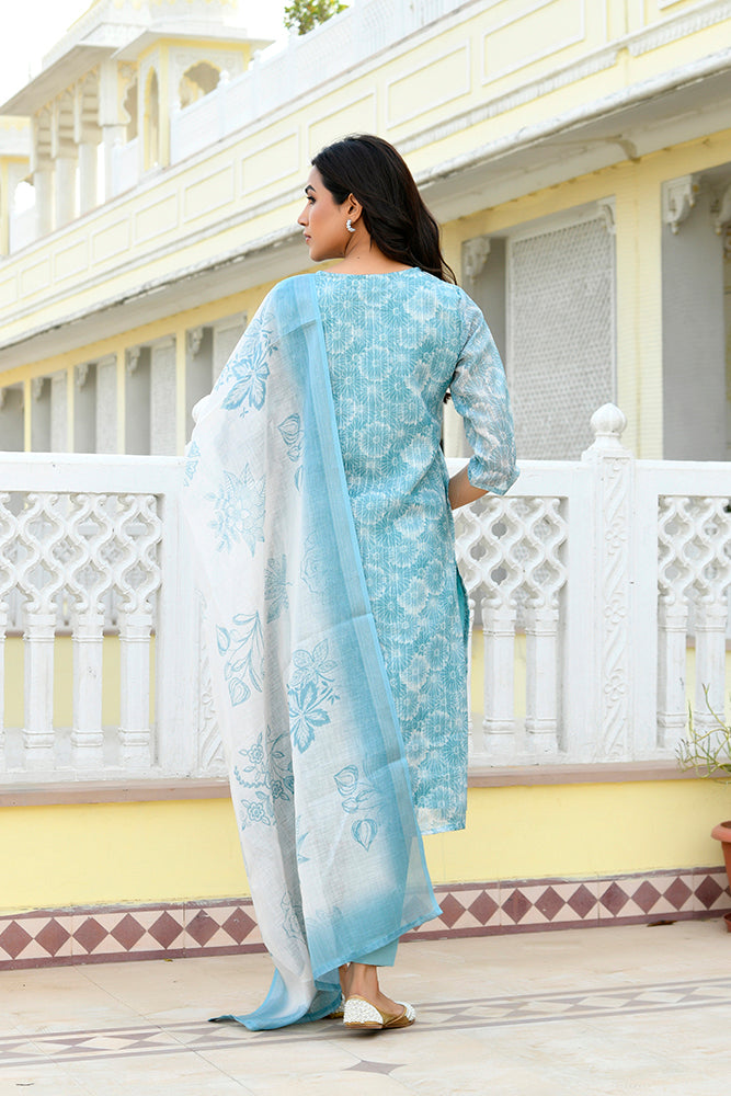 Vaasva Women Blue Tissue Linen Embroidered Solid Kurta Set With Solid Pants & Printed Dupatta - Distacart