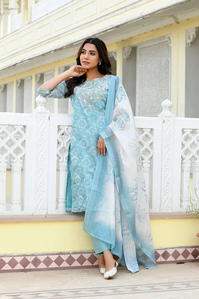 Vaasva Women Blue Tissue Linen Embroidered Solid Kurta Set With Solid Pants & Printed Dupatta - Distacart