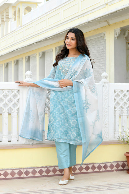 Vaasva Women Blue Tissue Linen Embroidered Solid Kurta Set With Solid Pants & Printed Dupatta - Distacart