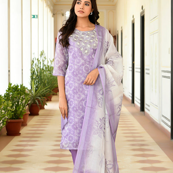 Vaasva Women Lavender Tissue Linen Embroidered Solid Kurta Set With Solid Pants & Printed Dupatta - Distacart