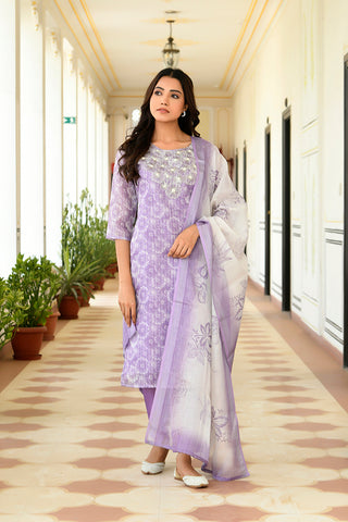 Vaasva Women Lavender Tissue Linen Embroidered Solid Kurta Set With Solid Pants & Printed Dupatta - Distacart