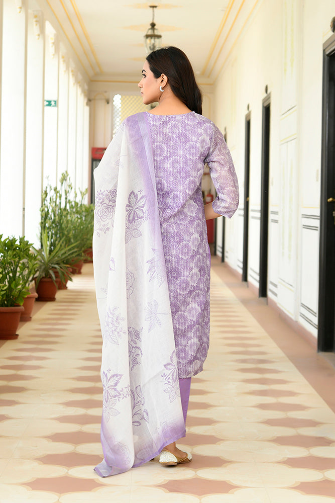 Vaasva Women Lavender Tissue Linen Embroidered Solid Kurta Set With Solid Pants & Printed Dupatta - Distacart