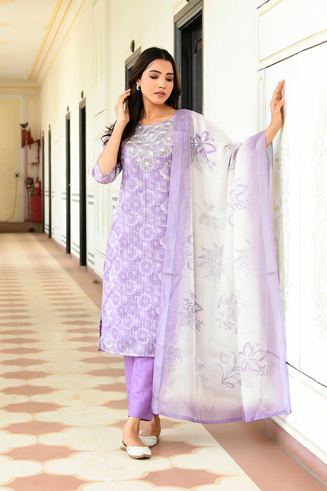 Vaasva Women Lavender Tissue Linen Embroidered Solid Kurta Set With Solid Pants & Printed Dupatta - Distacart
