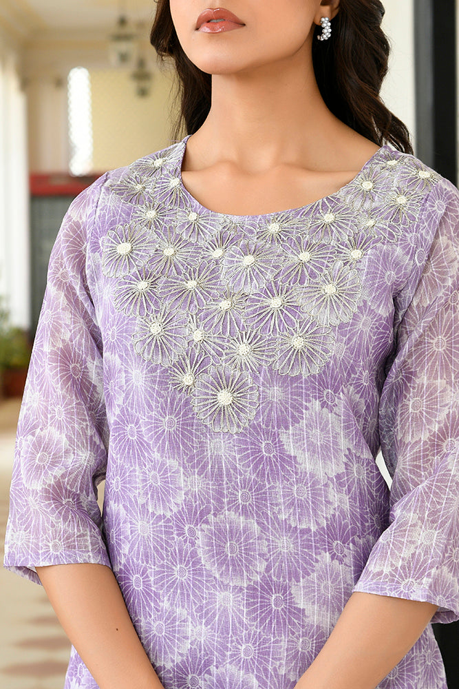 Vaasva Women Lavender Tissue Linen Embroidered Solid Kurta Set With Solid Pants & Printed Dupatta - Distacart