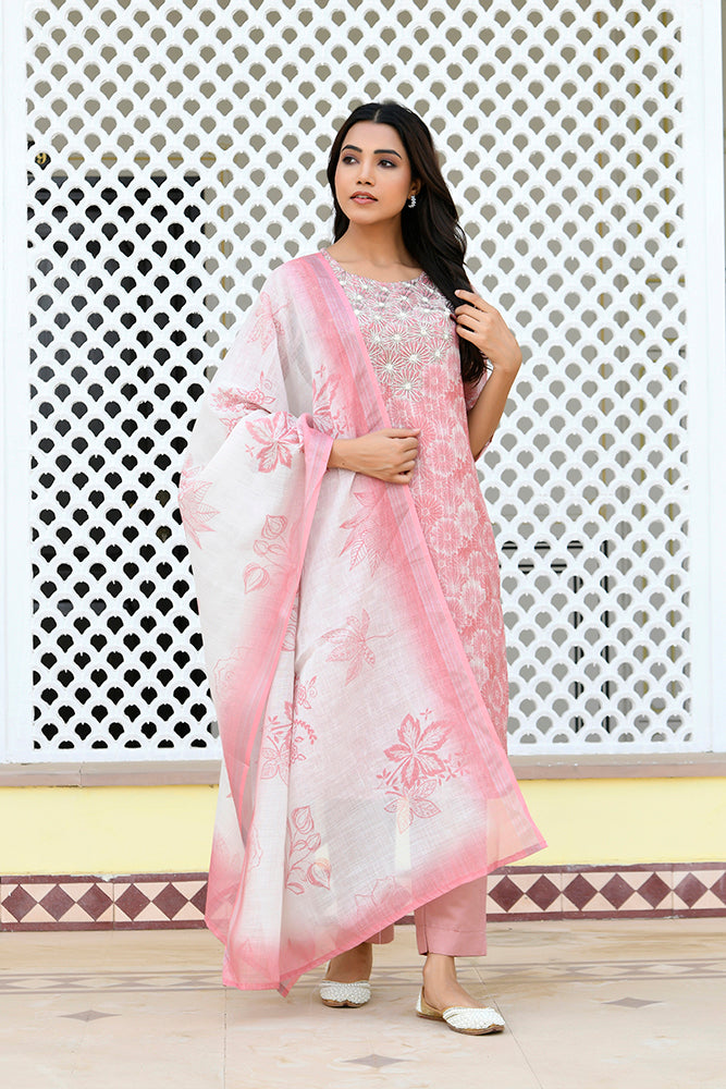 Vaasva Women Pink Tissue Linen Embroidered Solid Kurta Set With Solid Pants & Printed Dupatta - Distacart