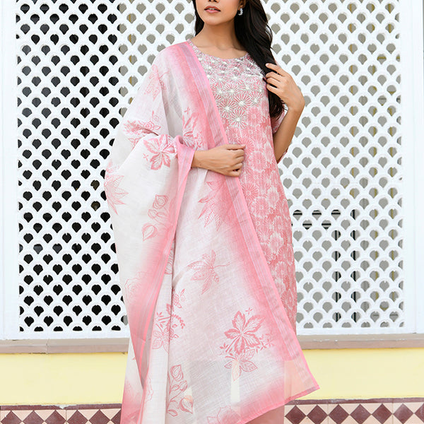 Vaasva Women Pink Tissue Linen Embroidered Solid Kurta Set With Solid Pants & Printed Dupatta - Distacart