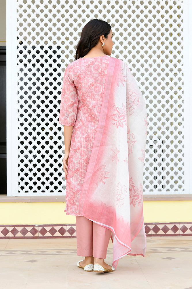 Vaasva Women Pink Tissue Linen Embroidered Solid Kurta Set With Solid Pants & Printed Dupatta - Distacart