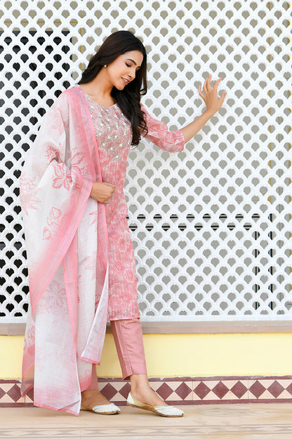 Vaasva Women Pink Tissue Linen Embroidered Solid Kurta Set With Solid Pants & Printed Dupatta - Distacart