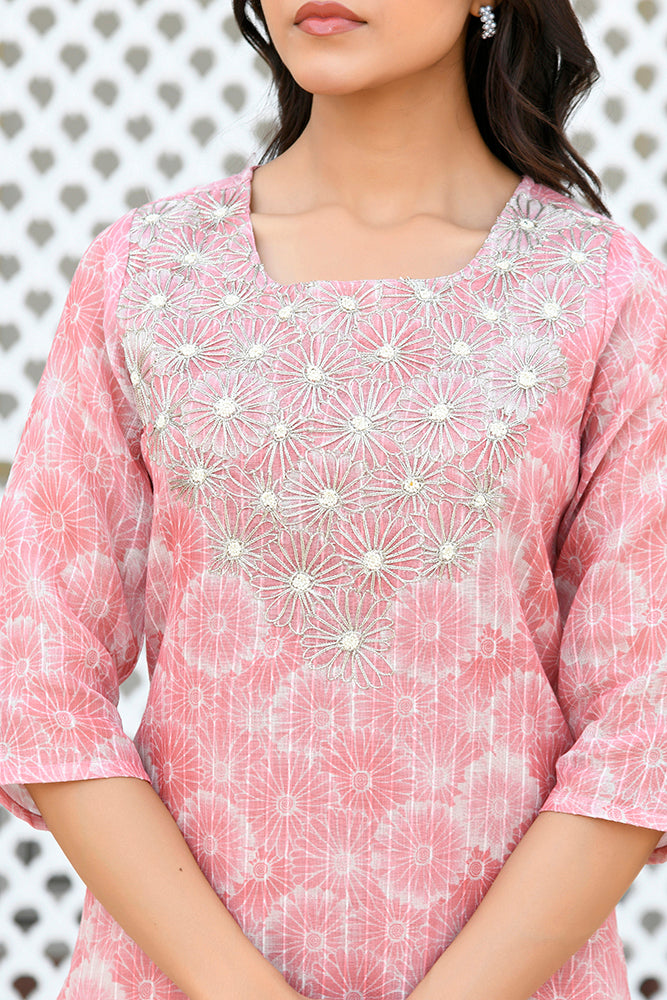 Vaasva Women Pink Tissue Linen Embroidered Solid Kurta Set With Solid Pants & Printed Dupatta - Distacart