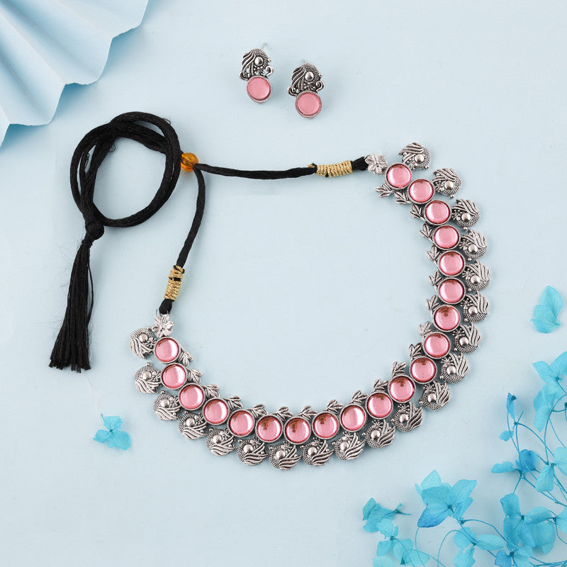 Tehzeeb Creations Silver Plated Pink Colour Stone Jewellery Choker Necklace Set With Matching Pair of Stud Earrings - Distacart