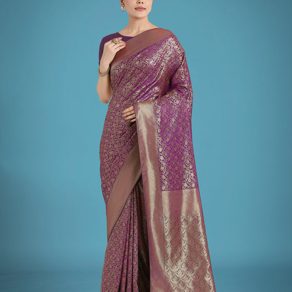 Monjolika Fashion Dark Purple Color Baanrasi Satin Silk Saree for Wedding Functions - Distacart