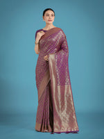 Thumbnail for Monjolika Fashion Dark Purple Color Baanrasi Satin Silk Saree for Wedding Functions