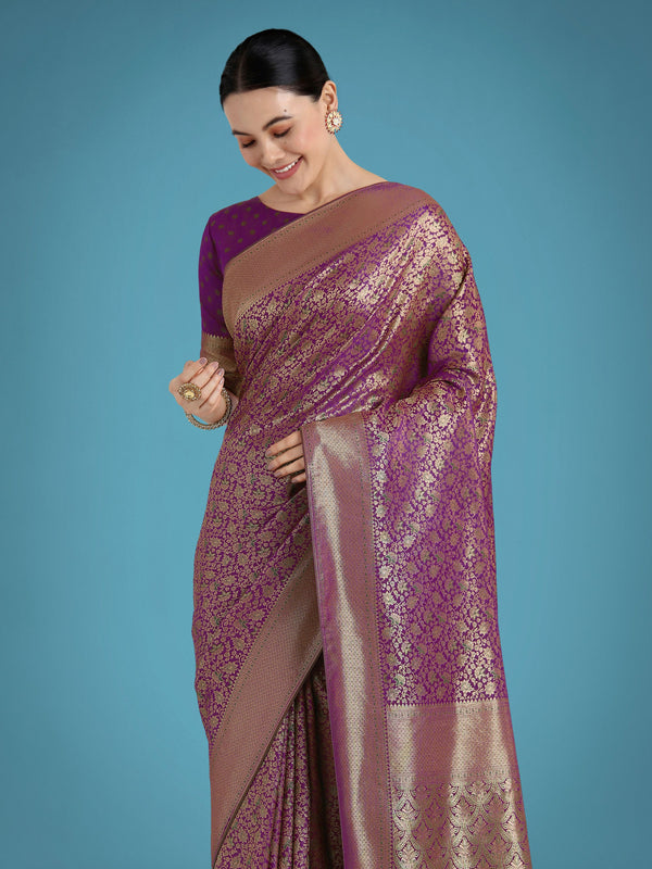 Monjolika Fashion Dark Purple Color Baanrasi Satin Silk Saree for Wedding Functions