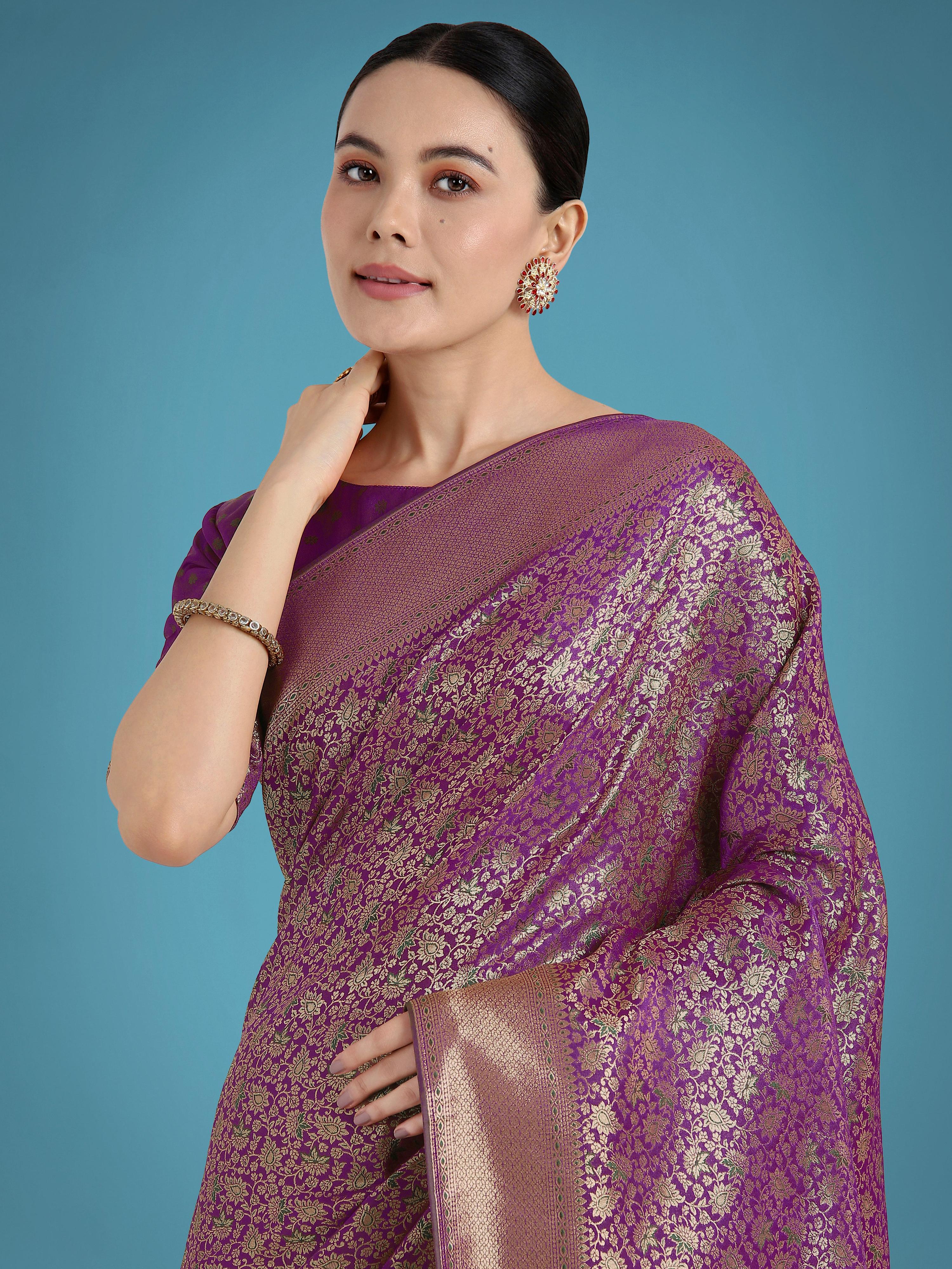 Monjolika Fashion Dark Purple Color Baanrasi Satin Silk Saree for Wedding Functions