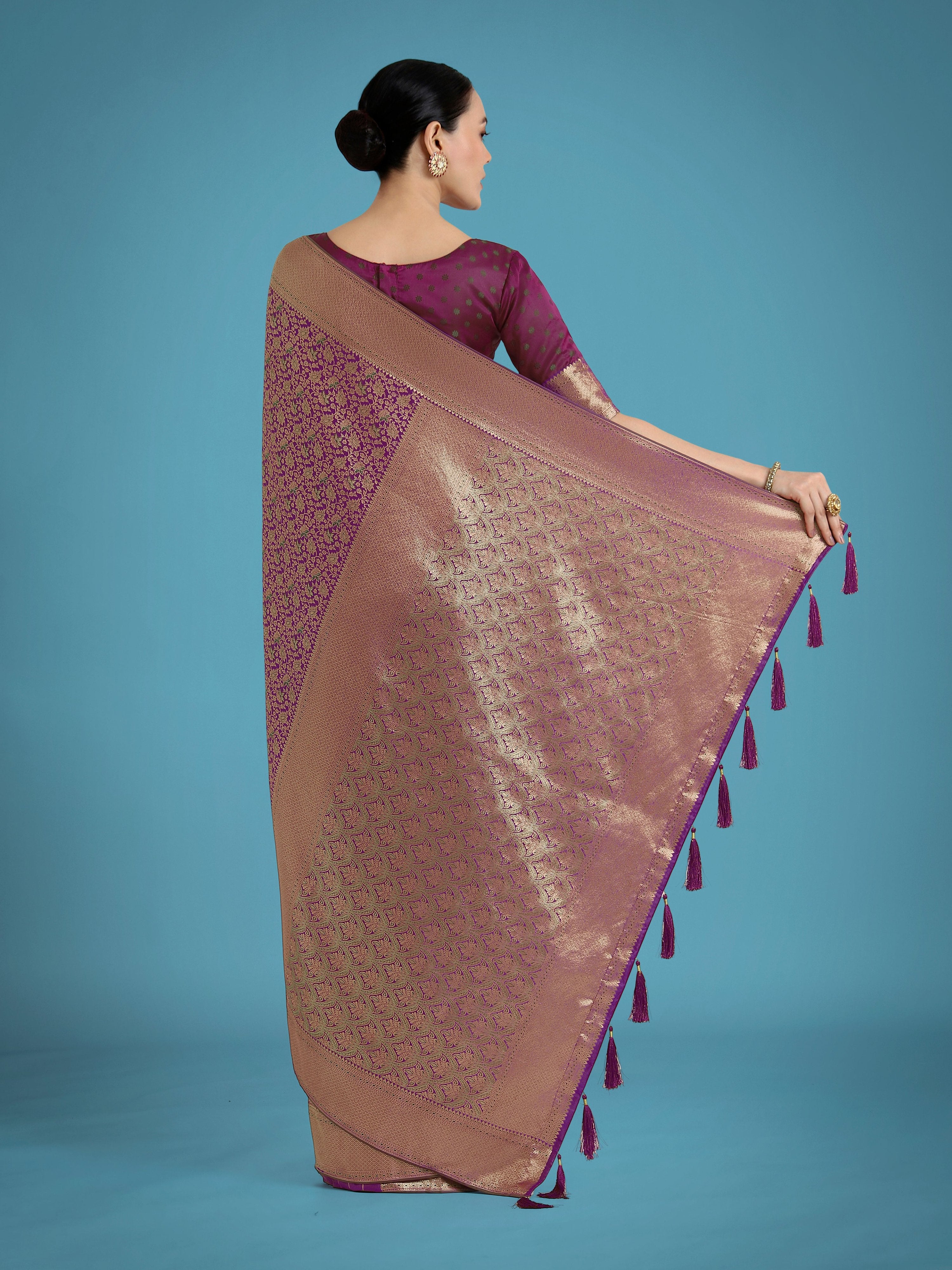 Monjolika Fashion Dark Purple Color Baanrasi Satin Silk Saree for Wedding Functions