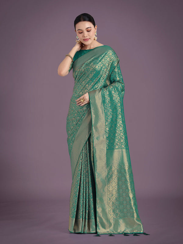 Monjolika Fashion Teal Color Baanrasi Satin Silk Saree for Wedding Functions
