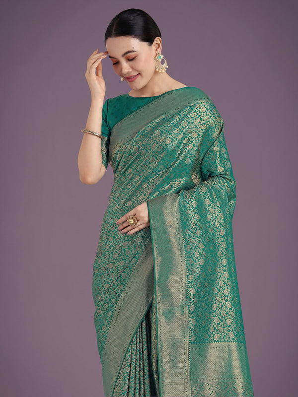 Monjolika Fashion Teal Color Baanrasi Satin Silk Saree for Wedding Functions