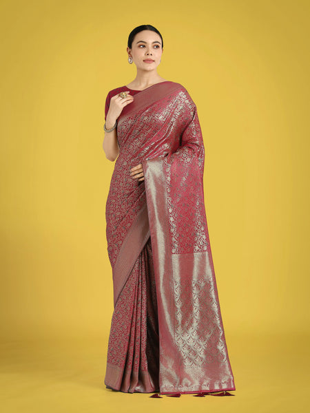 Monjolika Fashion Maroon Color Baanrasi Satin Silk Saree for Wedding Functions